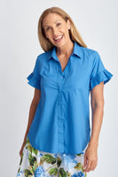 Cotton Ruffle Sleeve Blouse - Regatta Blue