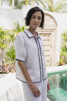 Linen Embroidery Shirt - White/Navy