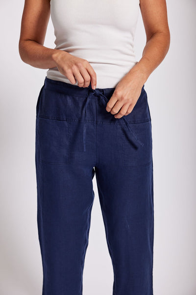 Drawstring Linen Pants - Navy